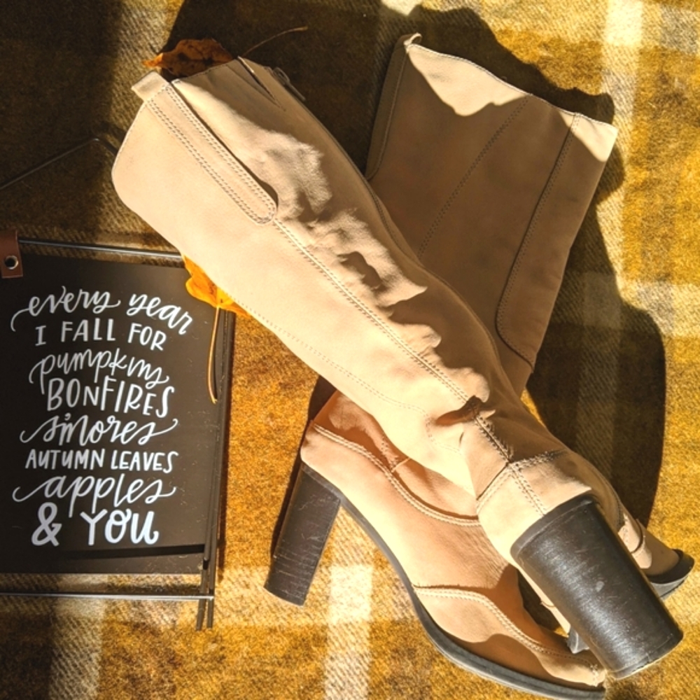Natural Tan Cream Taupe Brushed Leather Suede High Heel Tall Fashion Boots 7.5 - Picture 3 of 15